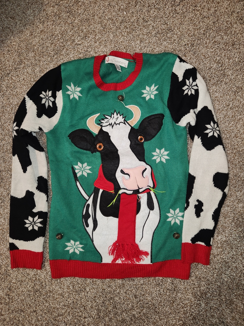 Green Cow Graphic Crewneck Sweater with Red Accents